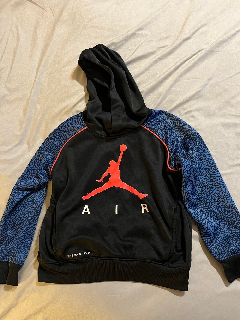 Kid’s Air Jordan Black and Blue Hoodie with Red Logo, Therma Fit, Small 4T-5T